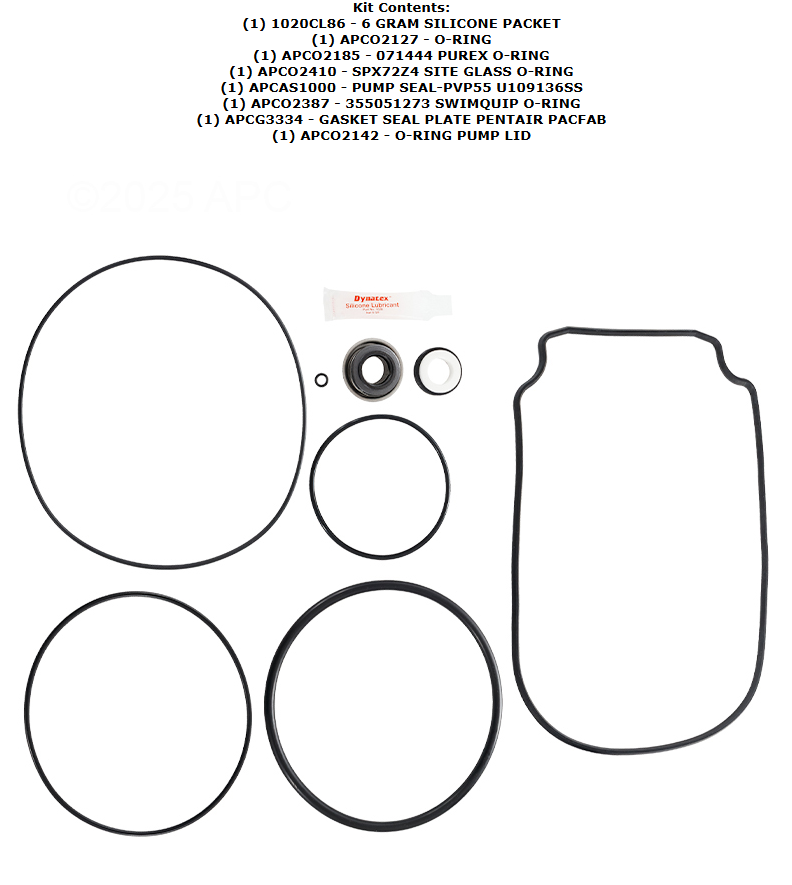 Aladdin APCK1027 Repair Kit for Pentair WhisperFlo pumps featuring O-rings, seal assembly, gasket, and silicone lubricant packet.