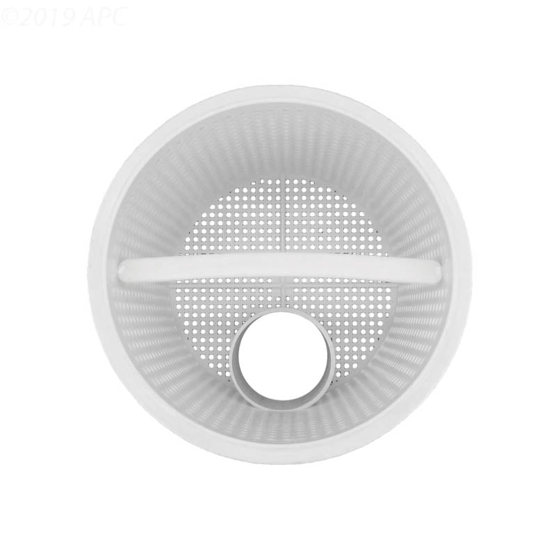 Top view of the Aladdin B-117 white skimmer basket replacement for Hayward SPX1080E showing the center hole and handle.