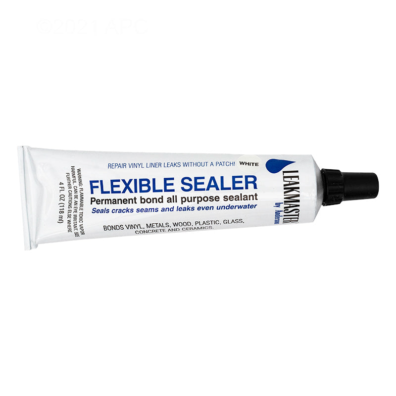 Side view of the Anderson LeakMaster FS4W white flexible pool repair sealer 4 oz tube with a black cap.