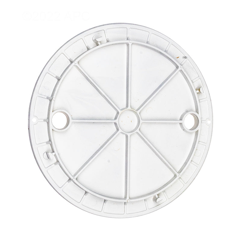 Bottom underside view of Anthony Sylvan 59200209 white PVC skimmer lid showing the support ribbing and inner alignment rim