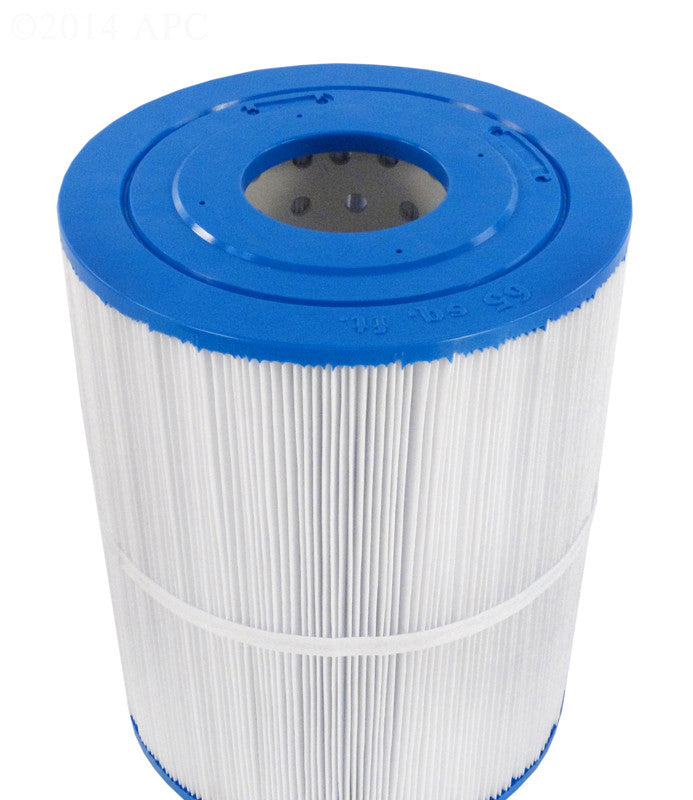 Top view of the APC APCC7215 spa filter showing the 3-inch open hole and reinforced blue end cap for Watkins and Hot Spring spas.