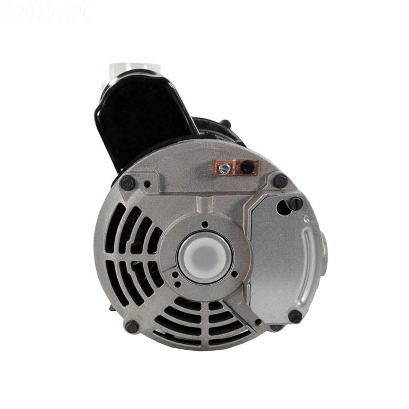 Aqua-Flo Flo-Master XP2 1.5HP 115V 2-Speed Spa Pump (AF061150001040) — close-up rear view of the silver metal motor end cap highlighting the ventilation slots, thru-bolts, and electrical conduit connection box.