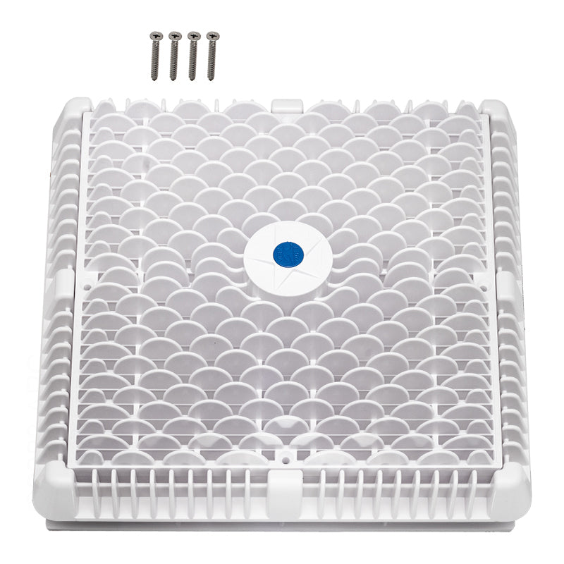 AquaStar WAV12WR101 12 in Wave Anti-Entrapment Cover Vented Riser - Top view showing the square white wave grate, center plug, and four included stainless steel mounting screws.
