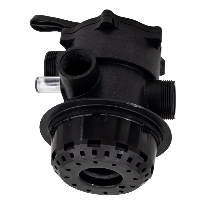 Bottom view of Carvin DVK7C Multiport Valve showing the internal diverter, spoke gasket area, and clamp-style tank connection.