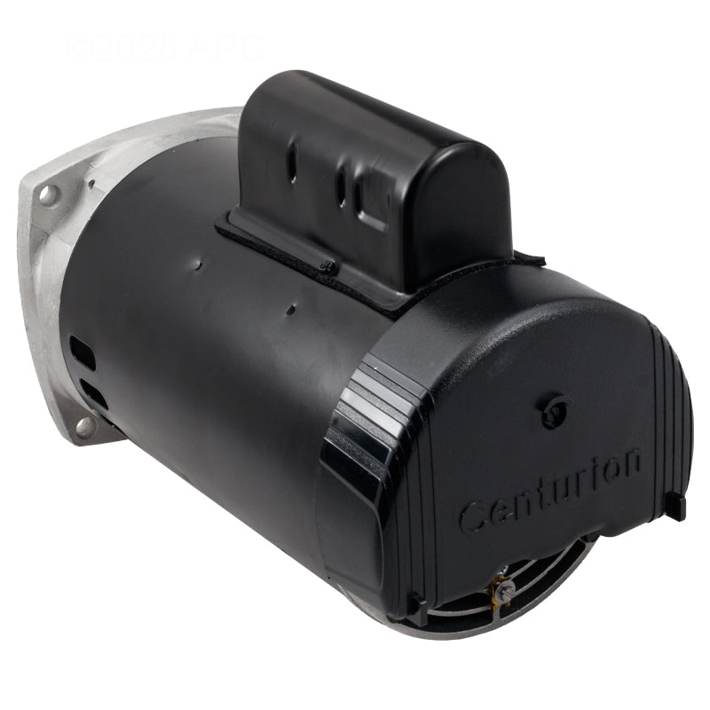 Century B2855 2HP square flange pool pump motor, back view showing capacitor housing and cooling vents