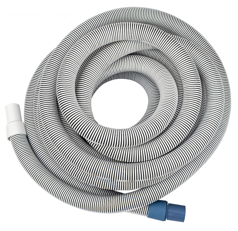 Coiled view of the Haviflex SK1550 I-Helix 1.5 inch x 50 foot pool vacuum hose featuring a white spiral body and blue swivel cuff.