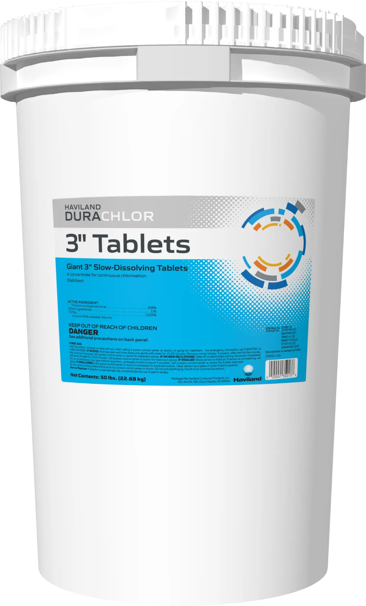 Haviland DuraChlor 3 Inch Wrapped Chlorine Tablets 50 lb Pail C008024-BX50L Trichlor Pool Sanitizer