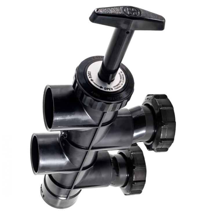 Top-down view of the Hayward SP410X602S slide valve highlighting the black T-handle and the open/lock position markings for easy pool backwashing.