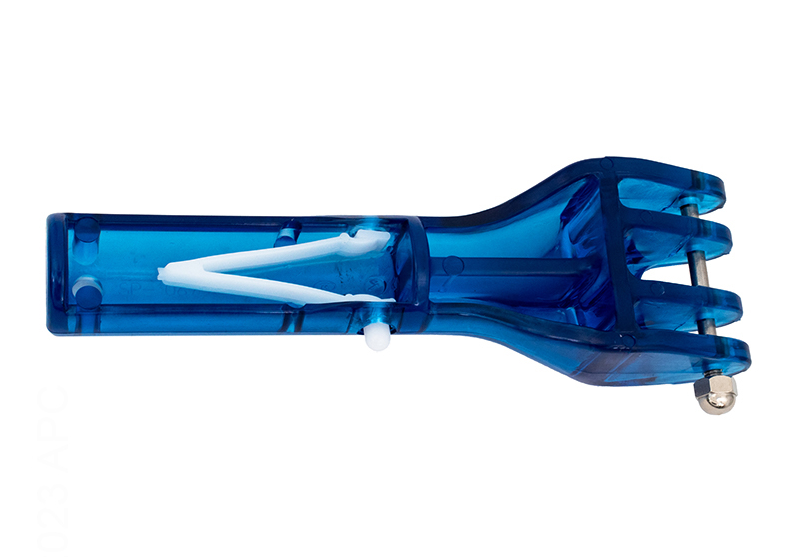 Bottom view of the blue Hayward SPX1067QA Quik-Snap vacuum handle showing the internal spring mechanism and pole attachment point.