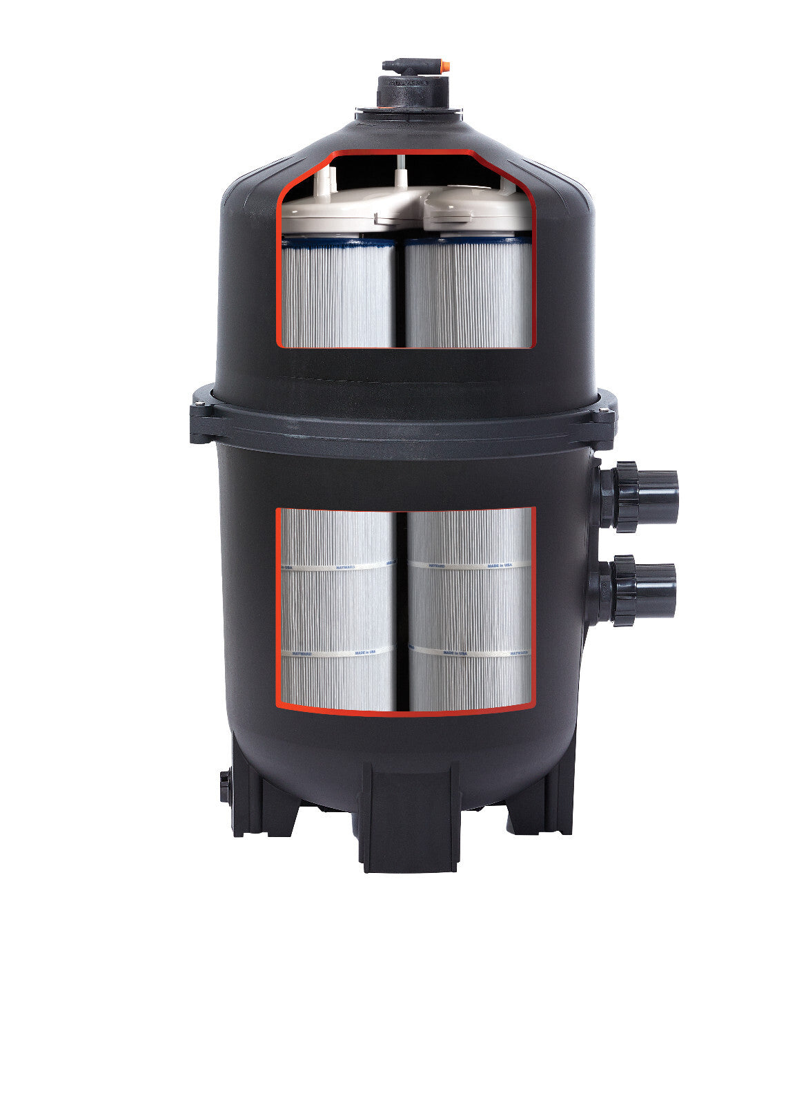 Cutaway view of Hayward SwimClear W3C5030 showing the internal Quad-Cluster cartridge assembly and high-capacity filter elements.