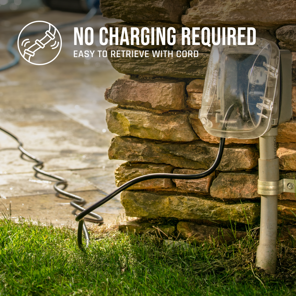 Marketing graphic for the Hayward TigerShark QC (W3RC9990CUB) highlighting the "No Charging Required" feature and easy retrieval via the power cord.