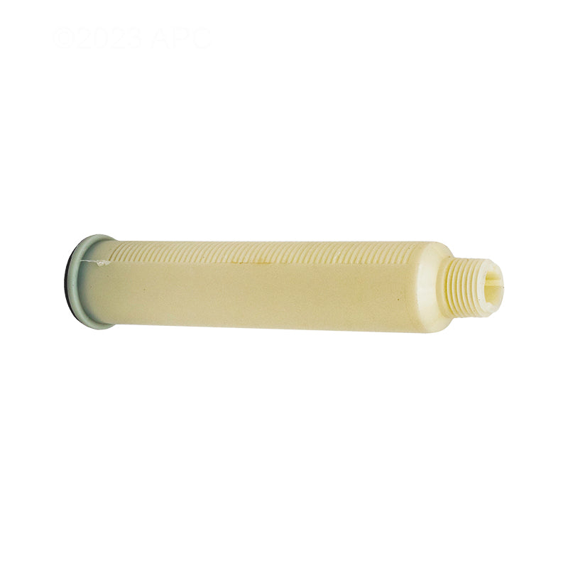Side view of Genuine Pentair 152290 6-11/16 in beige plastic filter lateral for TR TA filters, showing the slotted barrel for filtration, a grey end cap, and a white male threaded connection.