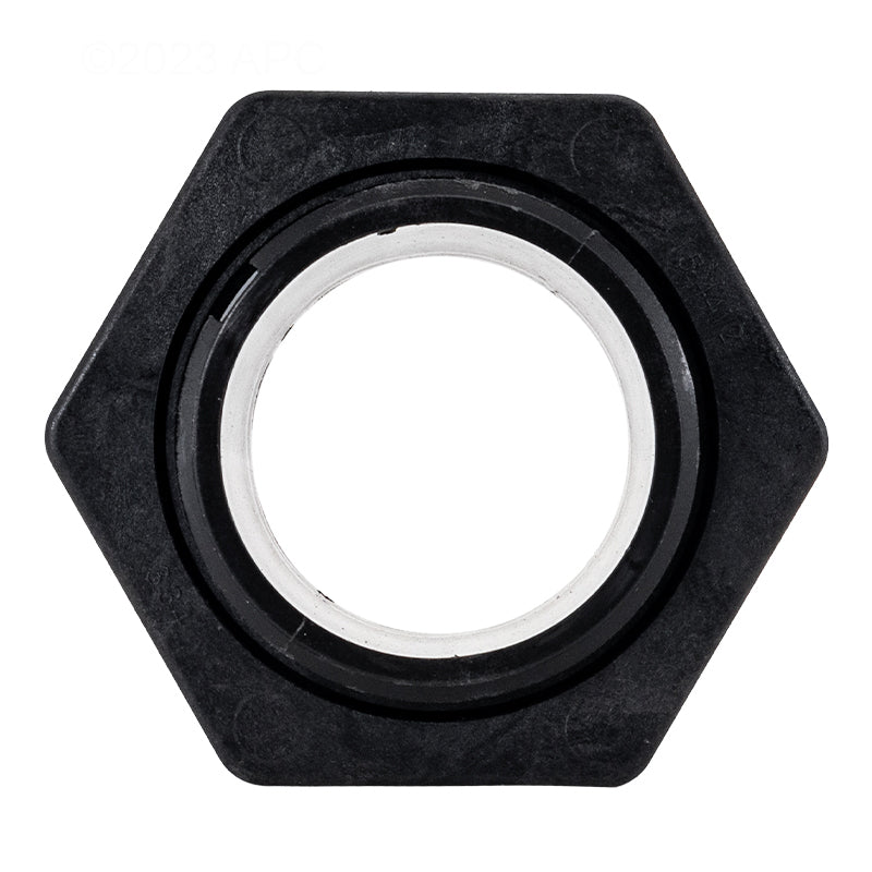 Top view of Genuine Pentair 154714 bulkhead kit hexagonal retaining nut and internal white gasket.