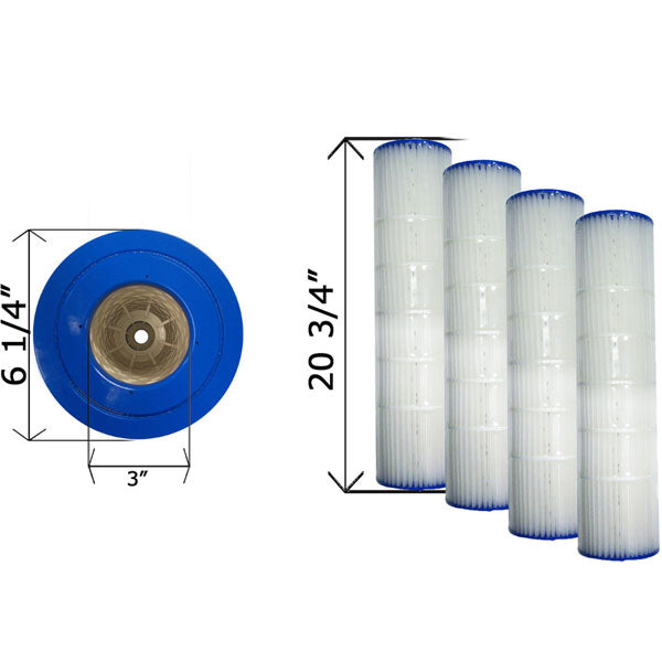 Complete set of four Pentair 178654Z replacement cartridges showing 20 3/4 inch height and 6 1/4 inch diameter specifications for Quad 60 DE filters.