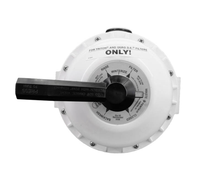 Top view of Pentair 261050 multiport valve showing the 6-position control handle and Filter, Backwash, and Waste labels