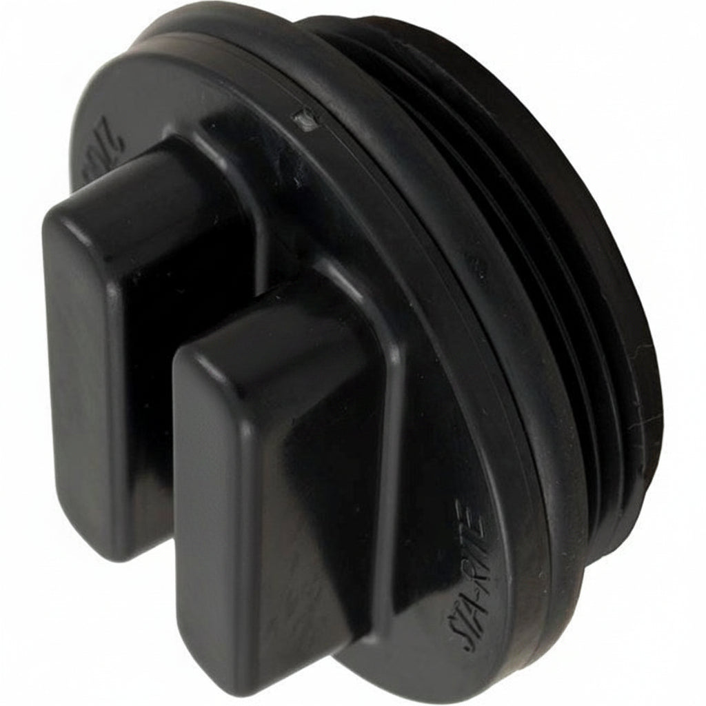 Side view of Pentair 270010022Z Drain Plug showing 1.5" NPT threads and the black rubber O-ring seal for Sta-Rite filters.
