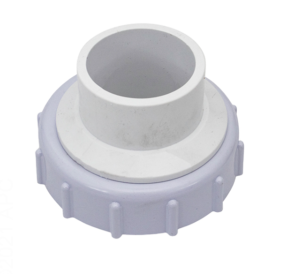 Close-up of a single Pentair 271096 Bulkhead Adapter showing the white thermoplastic construction and threaded union nut for pool filter plumbing.