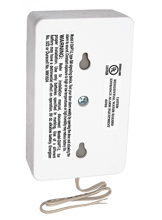 Rear view of the Poolguard DAPT2 Wireless Door Alarm showing the UL Listed certification, model number, and manufacturer safety warnings.