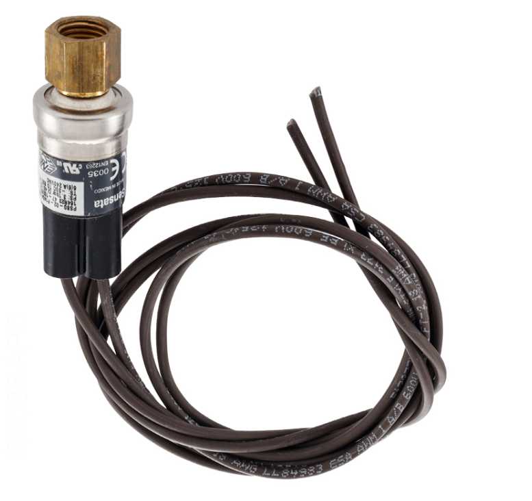 Raypak H000078 Control Low Pressure Switch featuring a brass threaded connection and wire leads for pool heat pump safety systems.