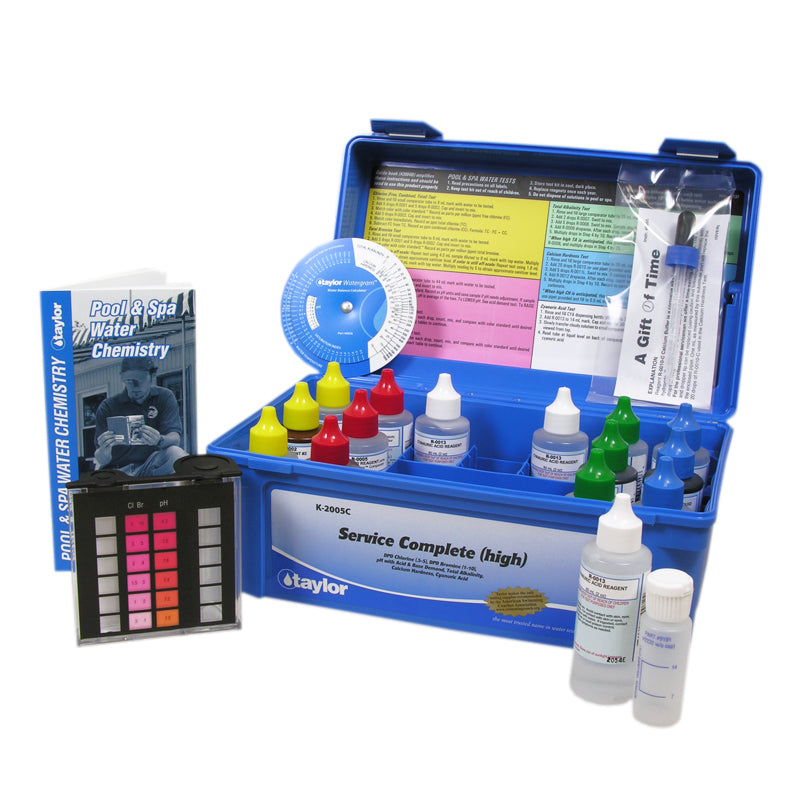 Taylor K-2005C commercial DPD pool test kit with large 2oz reagent bottles and 9056 color comparator in a blue case.