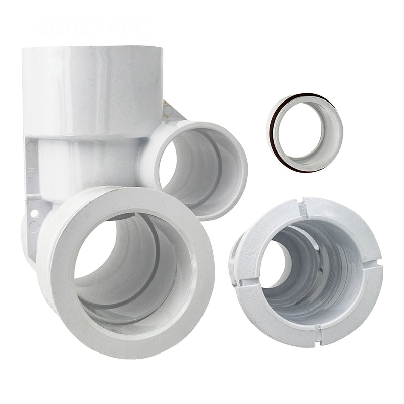 Waterway 210-3700B 1.5 in Air x 2 in Water Poly Gunite Jet Body - Front view showing the three main components: the jet insert, threaded retainer ring, and T fitting body.