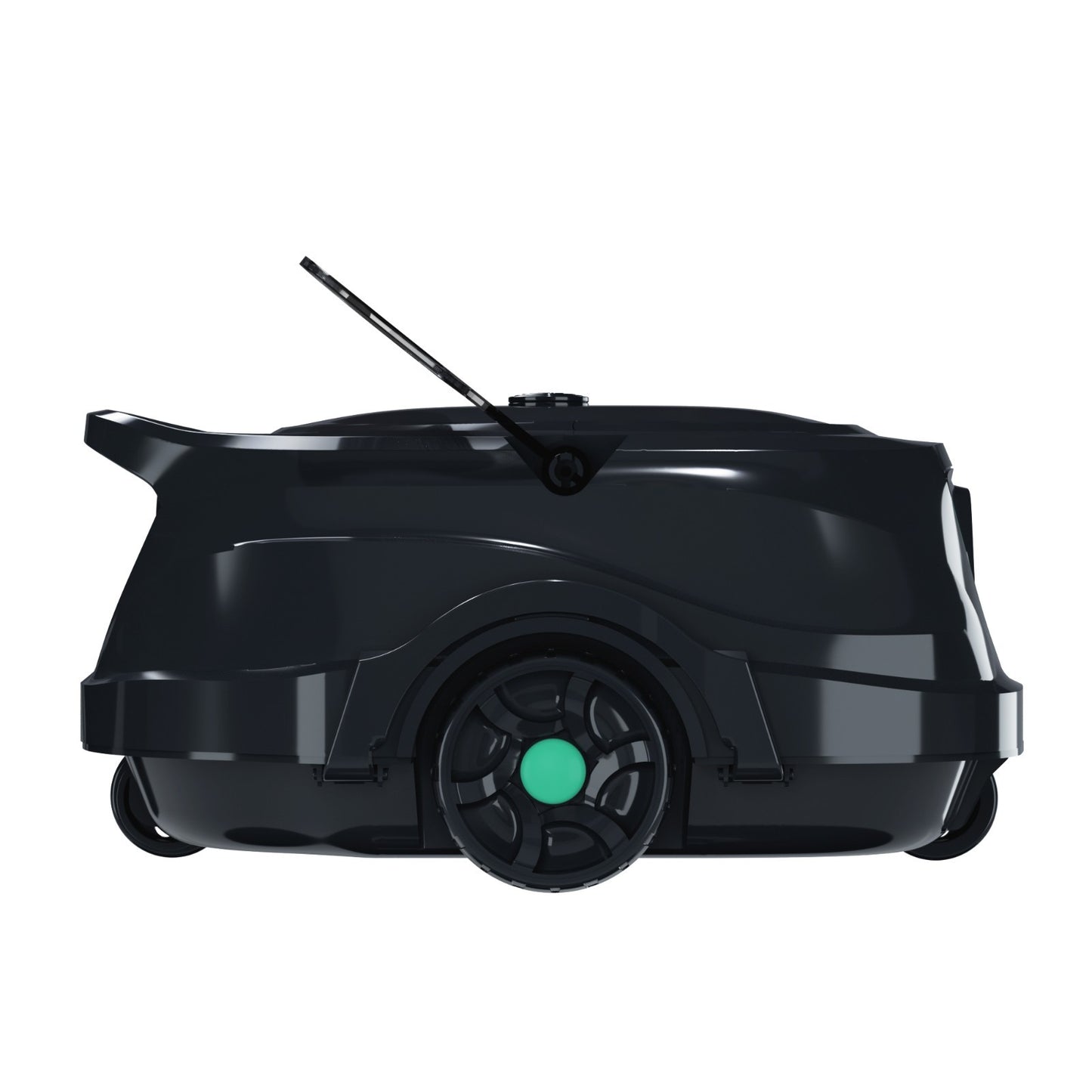 Side view of the WYBOT A1 robotic pool cleaner showing the high-traction wheels and the antenna hook for easy pool retrieval.