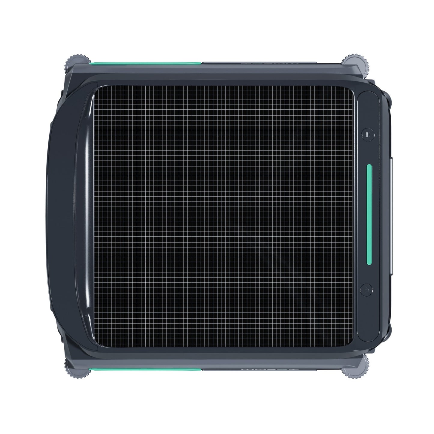 Direct overhead view of the WYBOT F1 solar robotic pool skimmer showing the high-efficiency solar grid and green LED power indicator.