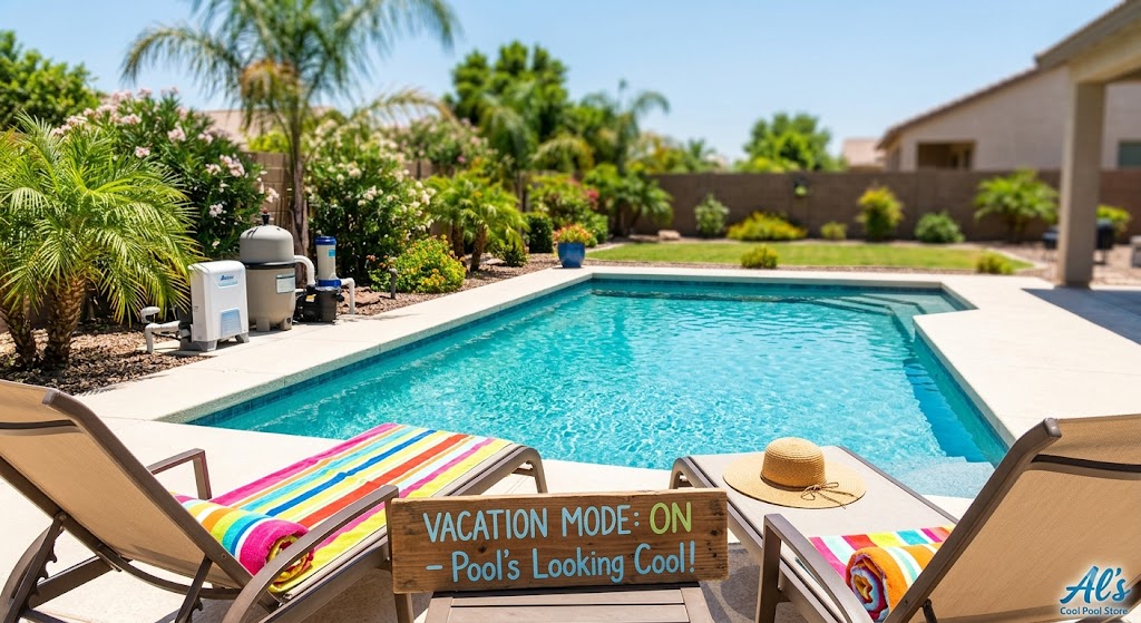 Crystal clear pool with automated sanitization equipment and lounge chairs for a summer vacation.