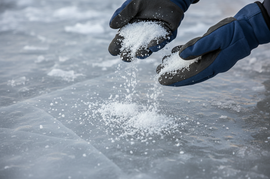 A person wearing dark winter gloves pouring white calcium chloride from a container onto a snowy surface.