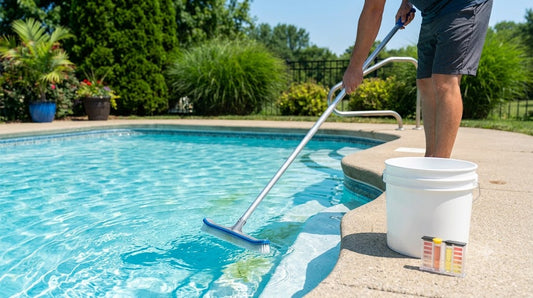 A person standing on a pool deck using a long-handled pool brush to scrub algae off the sides and bottom of a residential backyard swimming pool on a sunny day.