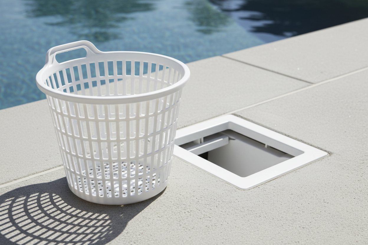A white plastic replacement pool skimmer basket being installed into an in-deck skimmer housing to collect surface debris.