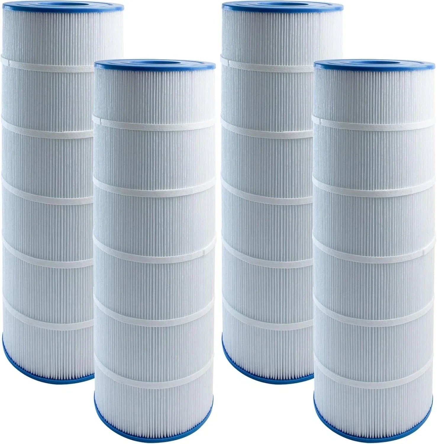 Group of large-capacity replacement pool filter cartridges for in-ground and above-ground filtration systems, featuring reinforced pleats.
