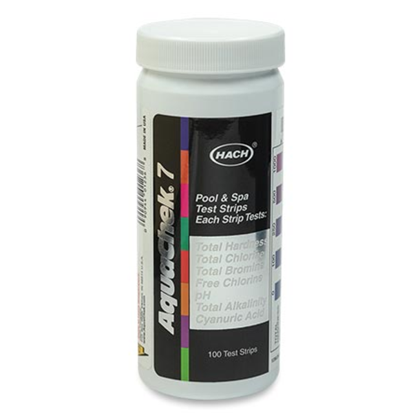 AquaCheck 7-in-1 Silver pool and spa test strips bottle showing the color comparison chart for comprehensive water chemistry analysis.