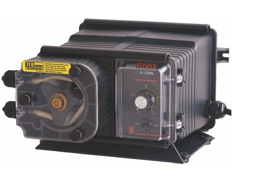 Blue-White Industries FLEXFLO metering feeder pump for precise pool chemical injection.