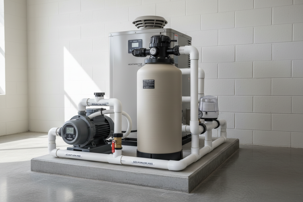 Professional pool equipment installation featuring a high-efficiency pump, sand filter, and PVC plumbing on a concrete pad.