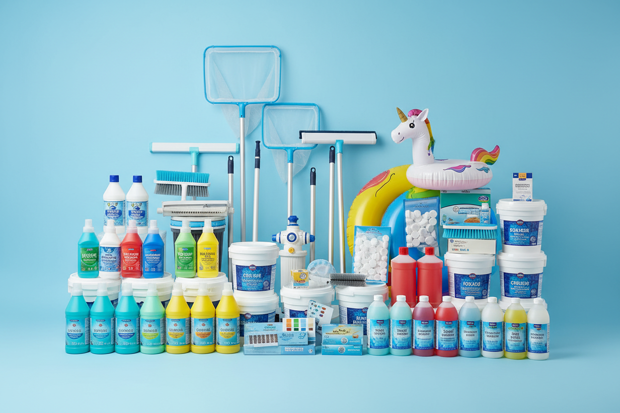 A bright, organized display of pool chemicals and maintenance supplies including chlorine, cleaners, and a fun inflatable swan, representing ready-to-ship inventory.