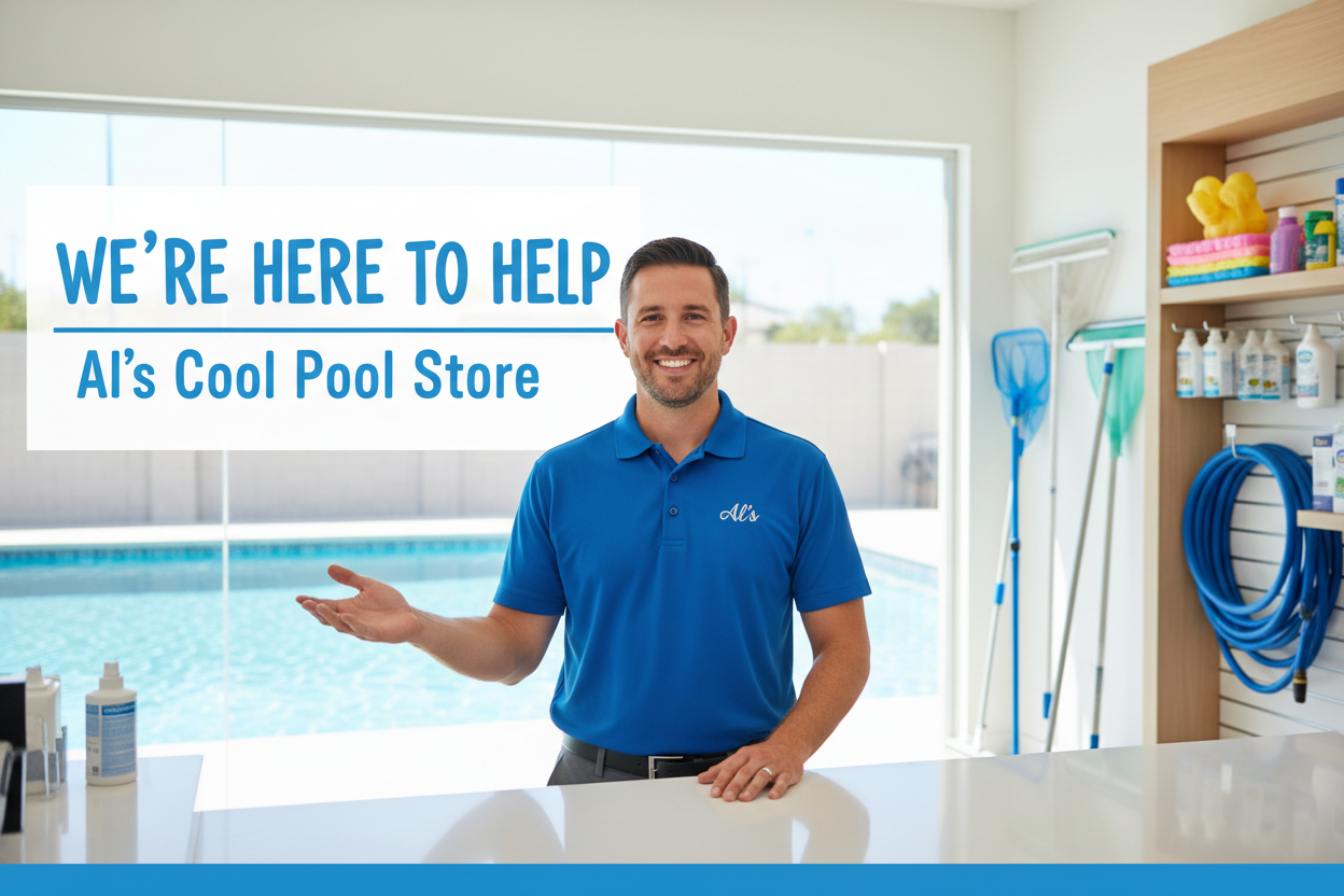 Al's Cool Pool Store support graphic featuring a friendly professional in a blue polo with text that reads 'We're Here to Help' in a pool equipment room.