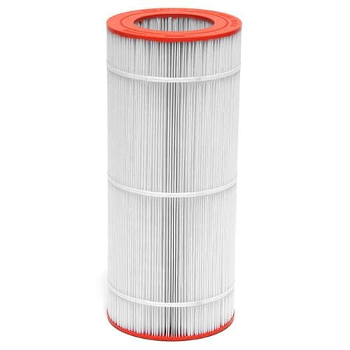 A cylindrical pleated replacement pool filter cartridge with white media and orange end caps.