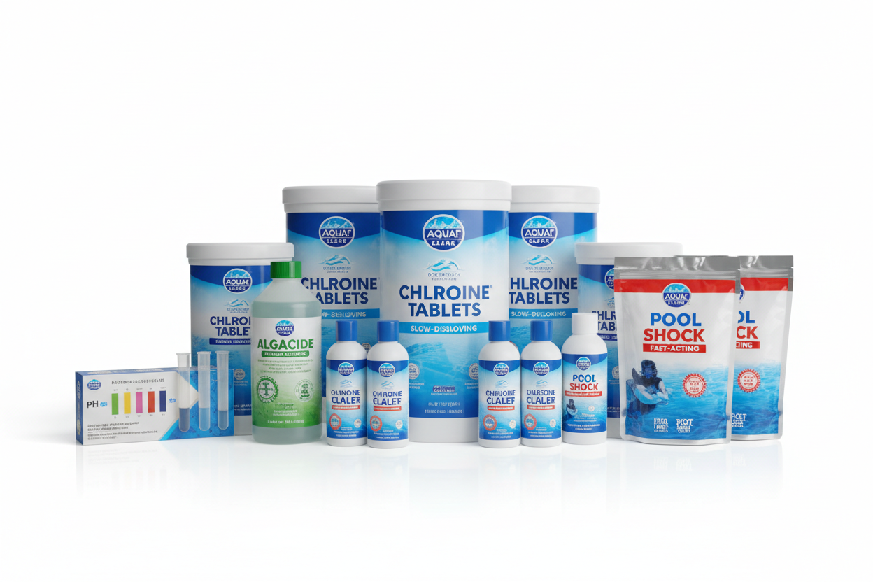 A variety of professional-grade pool chemical containers, including alkalinity increaser, chlorine tablets, and pool shock, arranged together against a white background.