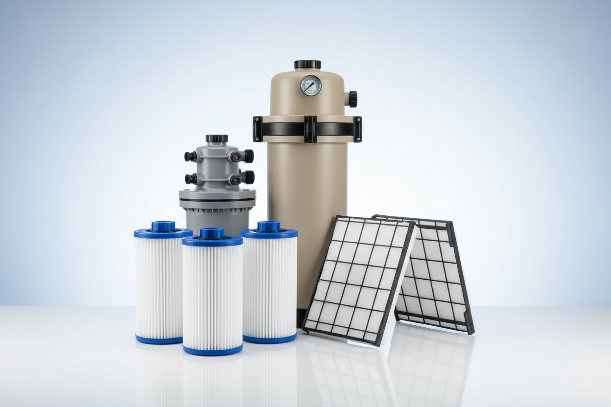 Hayward pool filtration equipment including a SwimClear cartridge filter, DE grid assembly, and replacement filter elements for clear pool water.