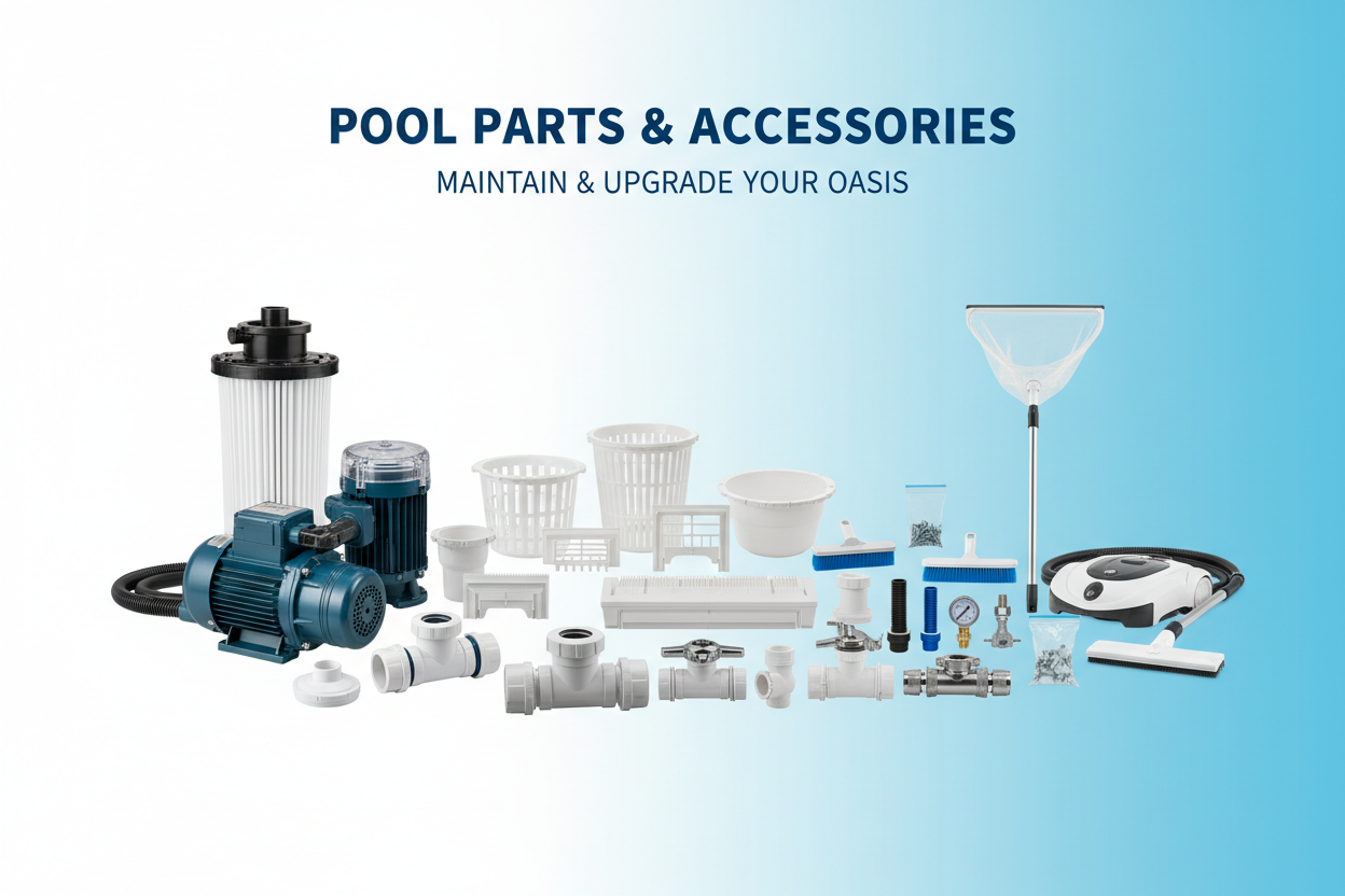 A collection of essential pool replacement parts including a pump motor, filter pressure gauge, skimmer basket, and PVC valves on a clean blue background.