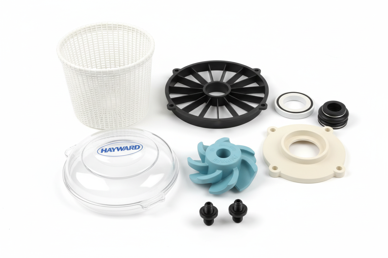 Exploded view of Hayward pool pump repair parts including a strainer basket, diffuser, impeller, housing lid, and o-rings on a white background.