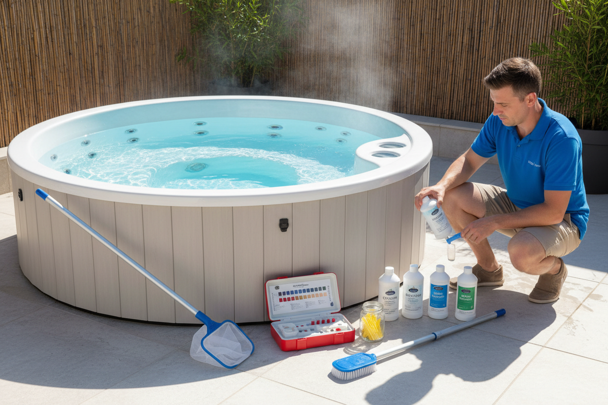 Professional pool technician testing water and organizing chemicals next to a portable hot tub with Haviland Spa Pure supplies.