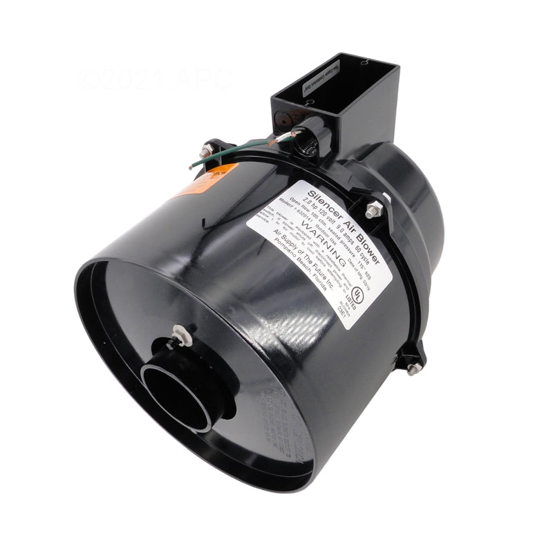 Bottom side view of the black Air Supply 6320141 Silencer Spa Blower showcasing the electrical wiring access port.
