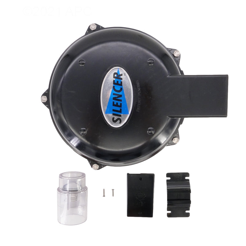 Top view of black Air Supply 6320141 2 HP Silencer Spa Blower showing top cap and included clear and black accessories.