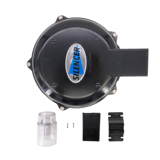 Top view of black Air Supply 6320141 2 HP Silencer Spa Blower showing top cap and included clear and black accessories.