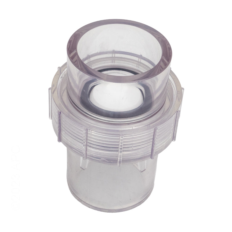 Three-quarter top-down view into clear Air Supply AS5001100 spa check valve showing the internal plunger mechanism.