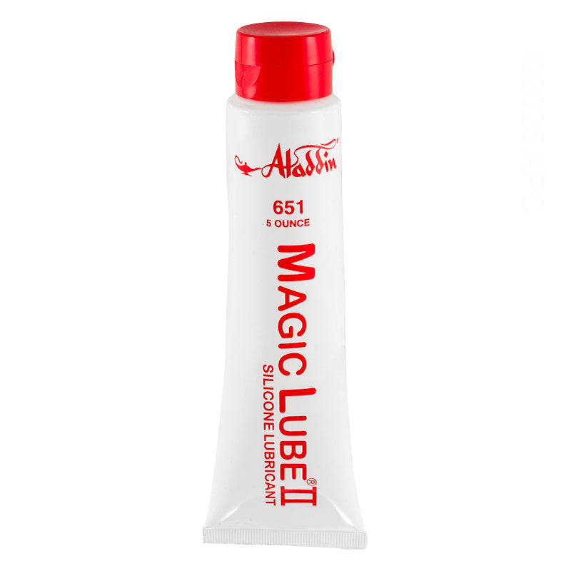 Front view of Genuine Aladdin Magic Lube II 5 oz red silicone lubricant and sealant tube for pool equipment O-rings.