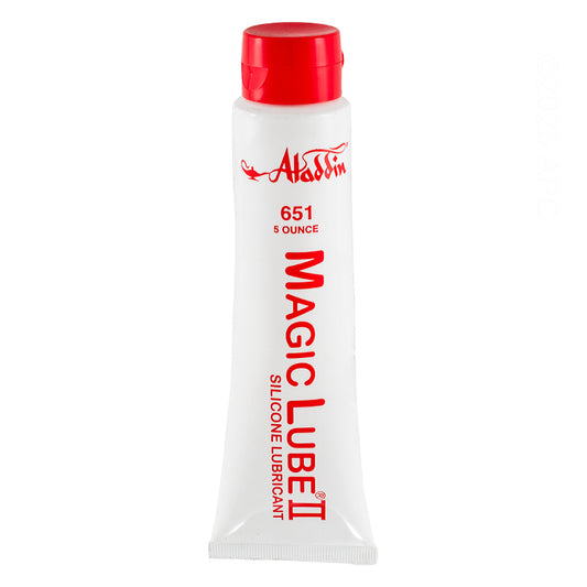 Front view of Genuine Aladdin Magic Lube II 5 oz red silicone lubricant and sealant tube for pool equipment O-rings.