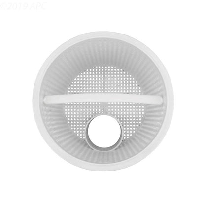 Top view of the Aladdin B-117 white skimmer basket replacement for Hayward SPX1080E showing the center hole and handle.